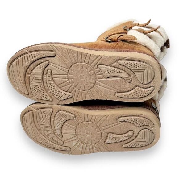 Ugg Women's Brown Suede Becket Mid Calf Pull On Winter Shearling Buckle Boots 7 - Picture 7 of 9